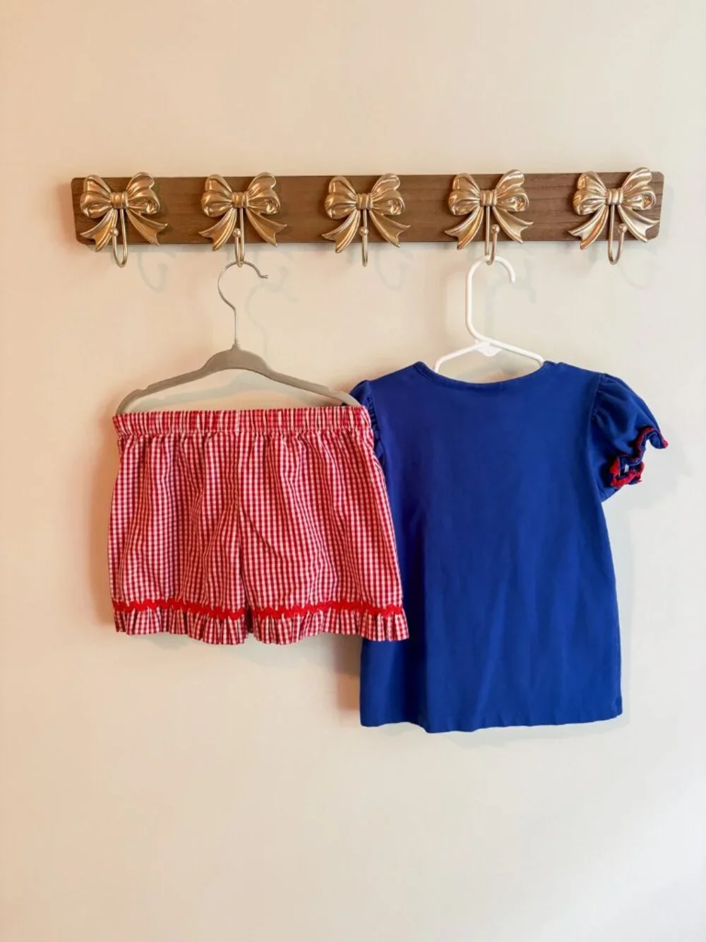 Banana Split size 3T Toddler Outfit Two-Piece Blue Top Red Gingham Shorts